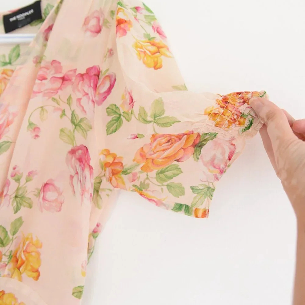 Kooples Antique Pink Floral 100% Silk Puff Sleeve Button Down Slip Midi Dress - Picture 9 of 14
